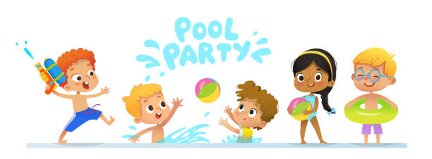 pool party einladung vorlage baner. gemischtrassig kinder haben spaß im pool. rothaarige junge mit einer spielzeugpistole wasser in einen pool springen. kinder spielen mit einem ball im wasser. - gesellschaftsspiel sommer stock-grafiken, -clipart, -cartoons und -symbole