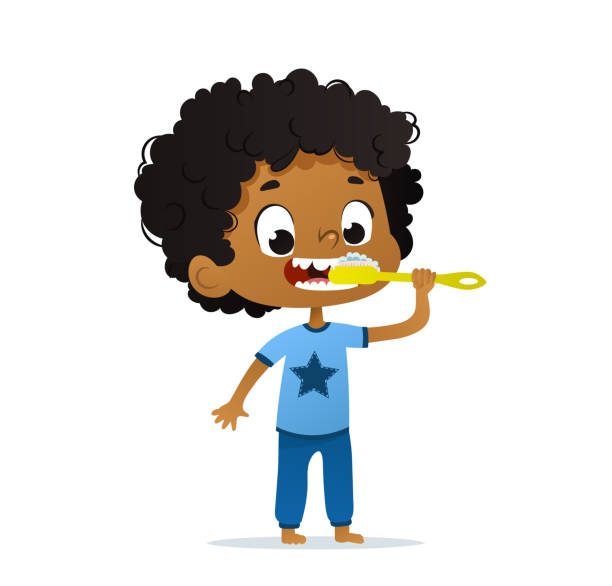 stockillustraties, clipart, cartoons en iconen met vector illustratie van schattige kleuterschool afro-amerikaanse jongen jongen borstelen zijn tanden. de hygiëne van de ochtend voor. geïsoleerd - orthodontist illustraties