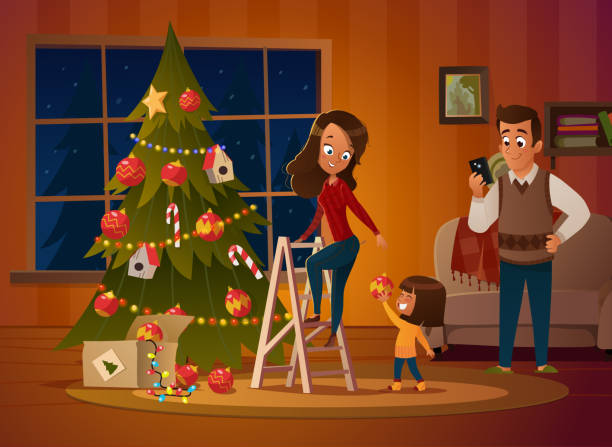 ilustrações de stock, clip art, desenhos animados e ícones de happy family mom, dad and doughter dresses up christmas tree. the boy unwinds the garland. family in christmas sweaters decorate the house for the holiday in a cozy winter evening. vector illustration - family christmas