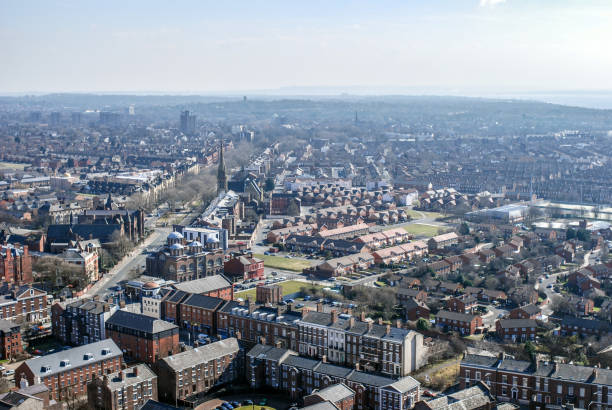Harrogate, UK - April 15, 2023.  An aerial cityscape of Harrogate town centre with the Victoria Shopping Centre and Victorian architecture mixed with modern buildings