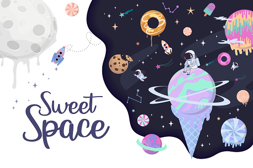 Sweet space cartoon poster with fantasy chocolate cookie, candy, donut, caramel sweets planets and astronaut. Birthday party invitation, Fantasy galaxy game concept. Editable vector illustration