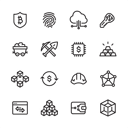 16 line black on white icons / Set #75 / Cryptocurrency & Blockchain / Pixel Perfect Principle - all the icons are designed in 48x48pх square, outline stroke 2px.

First row of outline icons contains: 
Bitcoin Safety, Fingerprint, Cloud Computing, Key;

Second row contains: 
Coal Mine, Mining, Digital Currency, Ingot;

Third row contains: 
Blockchain, Exchange Rate, Cryptocurrency Mining, Network Connection; 

Fourth row contains: 
Marketing, Block Shape, Bitcoin Wallet, Three Dimensional Block.

Complete Inlinico collection - https://www.istockphoto.com/collaboration/boards/2MS6Qck-_UuiVTh288h3fQ