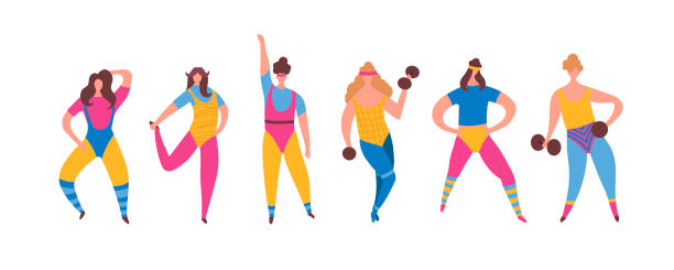 Set of 80s years woman girl in aerobics outfit doing workout shaping Set of 80s years woman girl in aerobics outfit doing workout shaping with dumbbells in hand isolated on white background. Trendy 80-s years retro sport clothing. Vector illustration in cartoon style 80s aerobics stock illustrations