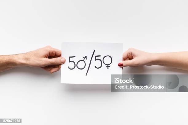 Text 50 50 Written On Piece Of Paper Stock Photo - Download Image Now - Equality, Women, Human Rights