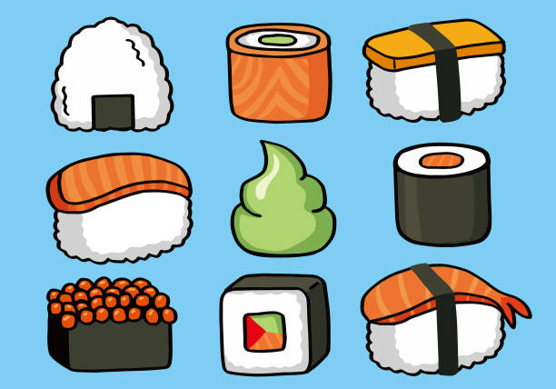 ilustraciones, imágenes clip art, dibujos animados e iconos de stock de sushi y onigiri doodle patrón - sushi cartoon food wallpaper pattern