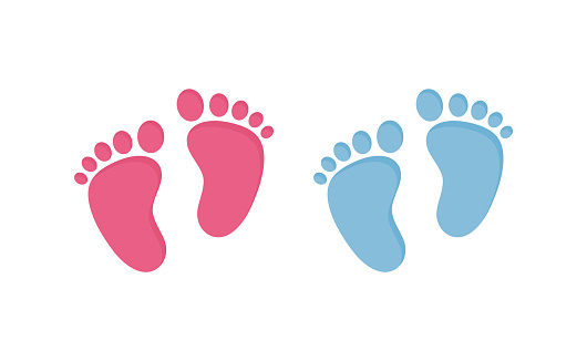 Baby footsteps vector illustration set - pairs of pink and blue footprints in flat style isolated on white background for baby shower or children birthday congratulation.