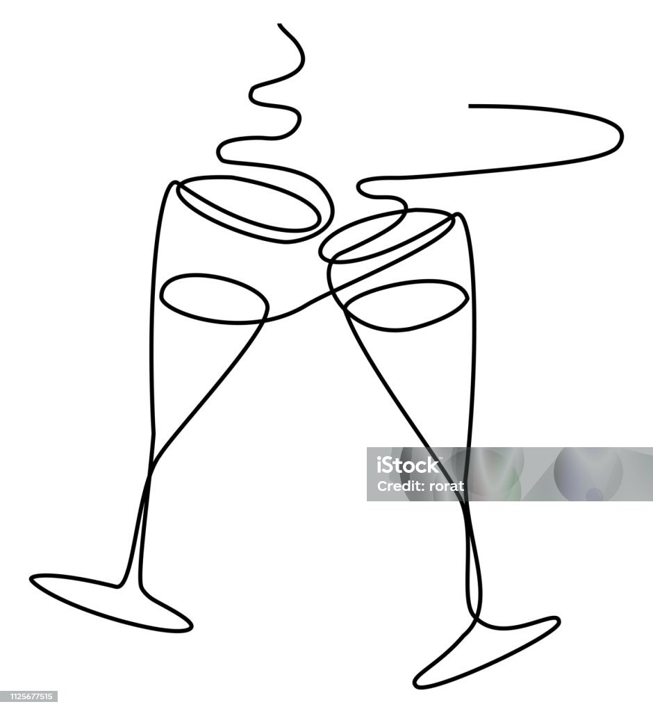 Wine one line drawing New Year abstract background one line drawing Champagne Flute stock vector