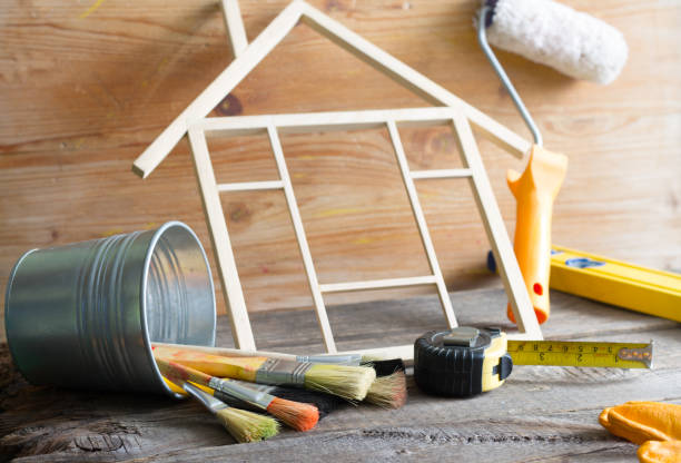 istock Home renovation construction abstract background with tools on wooden boards diy still life 1125677728
