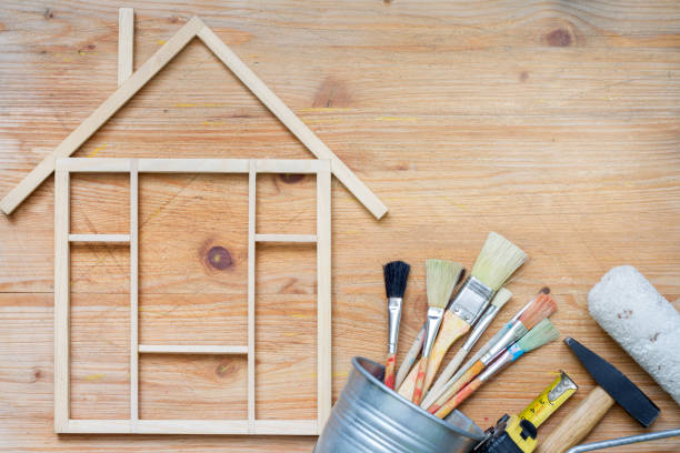 istock Home renovation construction abstract background with tools on wooden boards top view  and free place 1125678493