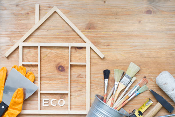 istock Home renovation construction abstract background with tools on wooden boards top view  and free place 1125679297