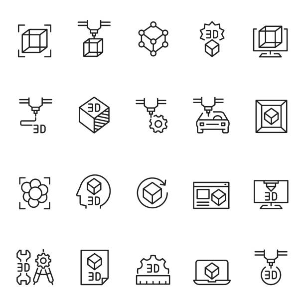 3D printing icons 3D printing icons molding a shape stock illustrations