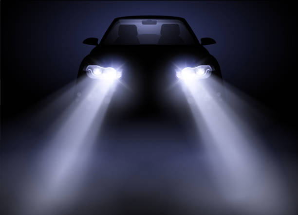 Bright Modern Car Auto Headlight Control Bright and modern auto generic car headlights shining through fog at night. Vector illustration. car led light stock illustrations