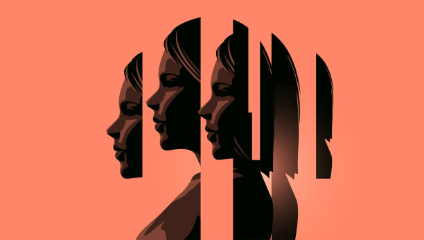 Women Dealing With Mental Health A women dealing with mental heath issues showing the different faces of dealing with personal issues. Anxiety, depression and mindfulness awareness concept. Vector illustration. females illustrations stock illustrations