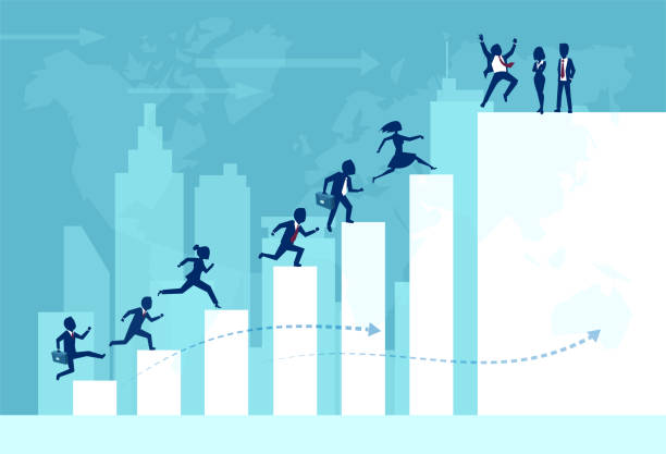 Vector of businesspeople teamwork working together climbing ladder of success Vector of businesspeople teamwork working together climbing ladder of success building an international business. sales win stock illustrations