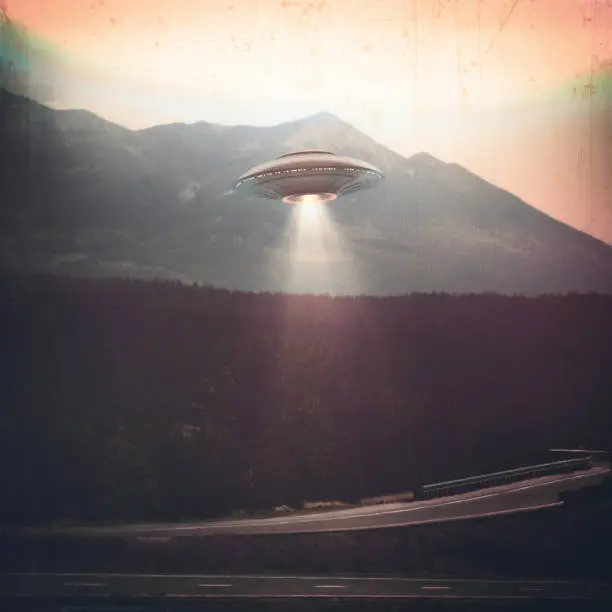 Unidentified flying object UFO. Old style photo with high ISO noise and dirt with scratches over time.