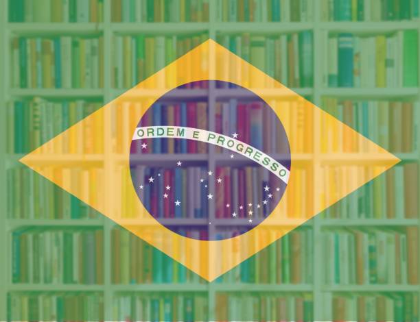 bandiera brasiliana con sfondo completo degli scaffali dei libri - book book spine in a row library foto e immagini stock