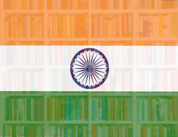 indian flag with full book shelves background - library book shelf generic imagens e fotografias de stock