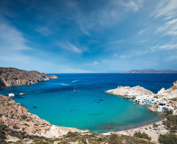 View from above on Firopotamos village with beach in Milos (Cyclades, Greece).