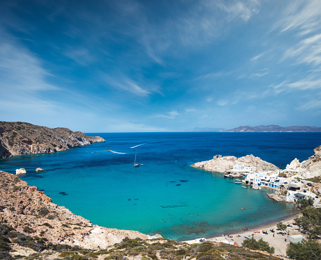 View from above on Firopotamos village with beach in Milos (Cyclades, Greece).