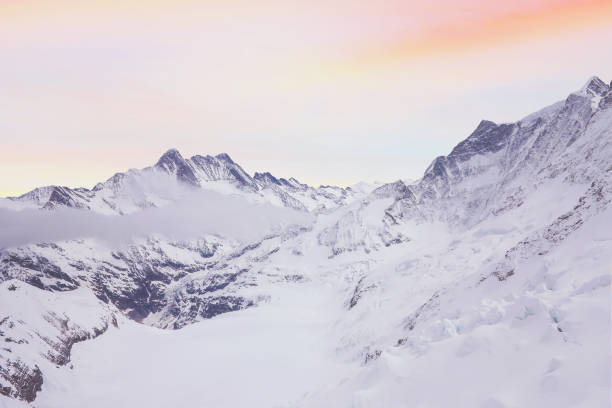 cumbres nevadas del monte jungfrau en los alpes berneses en el contexto de la puesta de sol cielo en el color pastel, suiza - monch fotografías e imágenes de stock