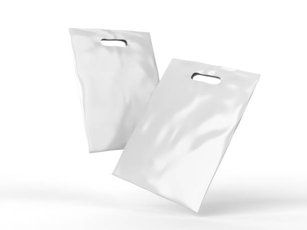 blank patch handle träger plastiktüte für mock up-design. 3d rendern illustration. - blank paper bag packaging package stock-fotos und bilder