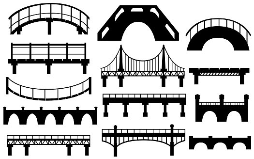 Black silhouette. Collection of different bridges. City architecture flat icon. Vector illustration isolated on white background.