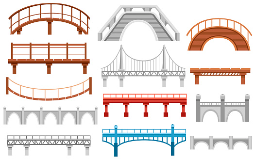 Collection of different bridges. City architecture flat icon. Vector illustration isolated on white background.