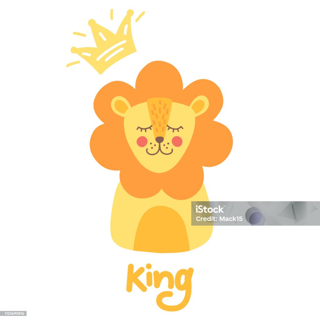 Cute happy little lion in a crown drawn by hand in cartoon style. Vector illustration isolated on white background - Vector Illustration stock vector