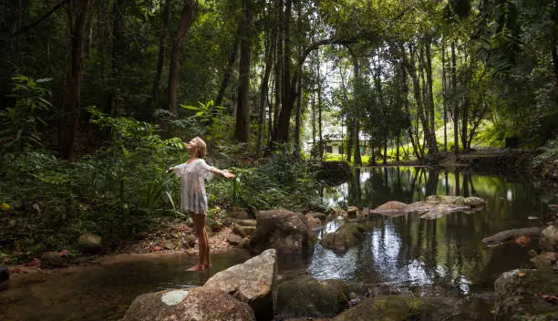 Photo of Beautiful young woman enjoys  in nature