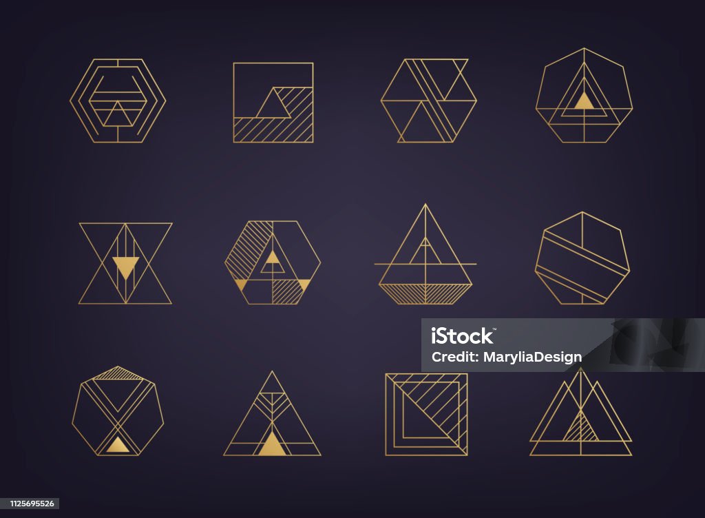 Vector set of abstract geometric signs. Art deco, hipster, golden Vector set of abstract geometric icons. Art deco, hipster, golden line style Icon Symbol stock vector