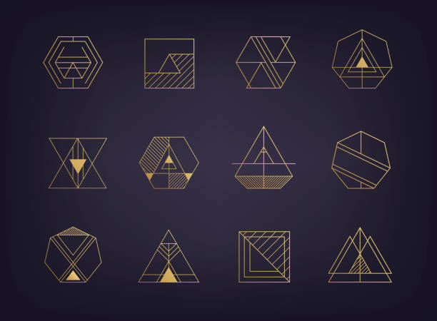 Vector set of abstract geometric signs. Art deco, hipster, golden Vector set of abstract geometric icons. Art deco, hipster, golden line style hexagon illustrations stock illustrations