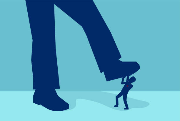 ilustrações de stock, clip art, desenhos animados e ícones de vector of a little businessman being crushed by a giant foot - imbalance bullying small large