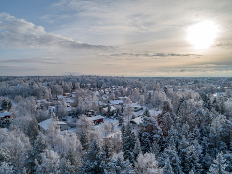 Aerial winter view over a small city in Sweden
