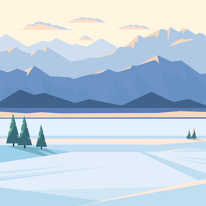 Winter mountain landscape with snow and illuminated mountain peaks, river, fir tree, plain, sunset, dawn. Vector flat illustration.