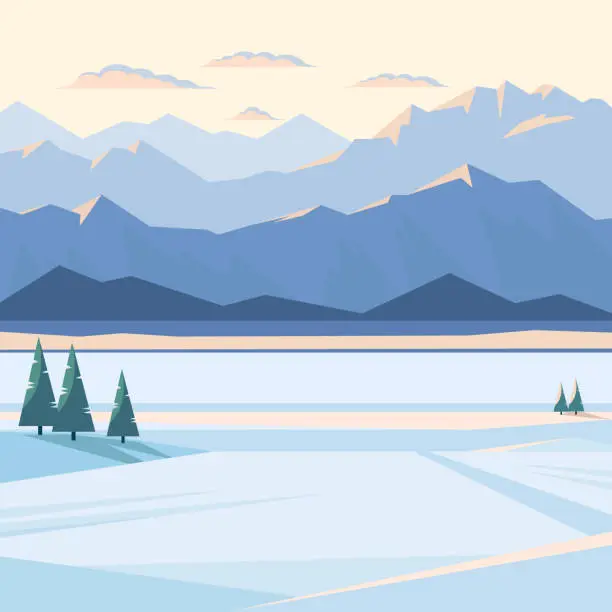 Vector illustration of Winter mountain landscape at sunset and dawn.