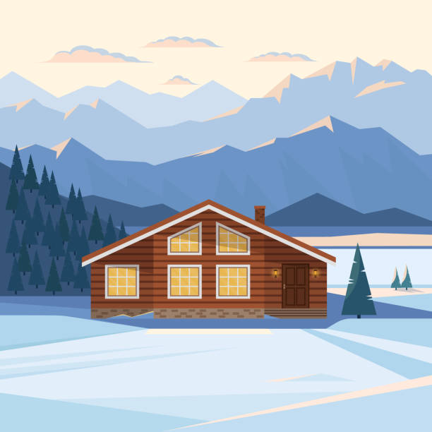 ilustraciones, imágenes clip art, dibujos animados e iconos de stock de invierno paisaje de montaña con casas de madera, bosque, nieve, río. - sunset winter mountain peak european alps