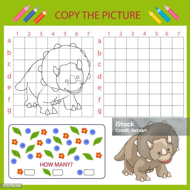 Copy The Picture Dinosaur Using Grid Lines Coloring With Drawing Lesson Children Funny Education And Mathematical Riddle Kids Drawing Worksheet And Art Game Activity Page Vector Illustration Stock Illustration - Download Image Now