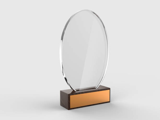 istock Blank glass trophy mock up stand on wooden base, 3d rendering illustration. 1125707619