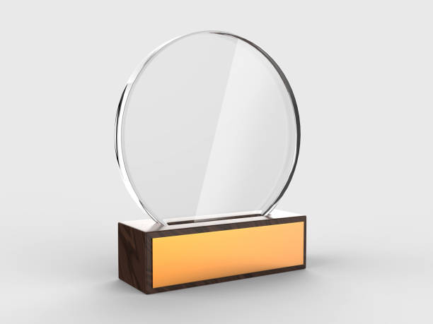 Blank glass trophy mock up stand on wooden base, 3d rendering illustration.