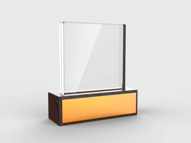 istock Blank glass trophy mock up stand on wooden base, 3d rendering illustration. 1125707640