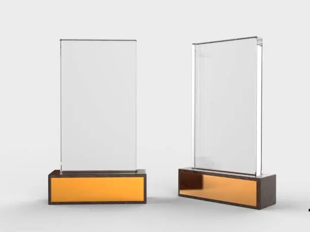 Blank glass trophy mock up stand on wooden base, 3d illustration.