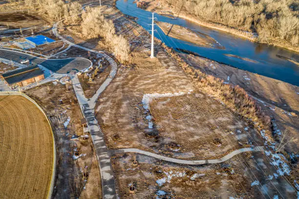 Riverside Park at Evans, Colorado rebuilt after flooding of the South Platte River, aerial view in winter scenery