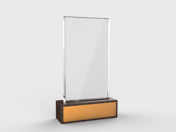 Blank glass trophy mock up stand on wooden base, 3d rendering illustration.