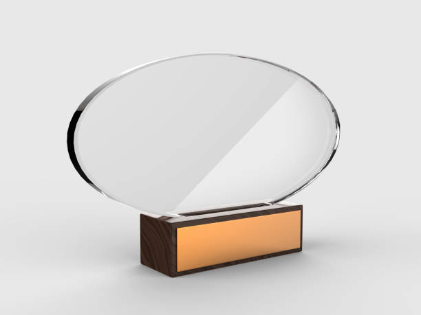 istock Blank glass trophy mock up stand on wooden base, 3d rendering illustration. 1125707691