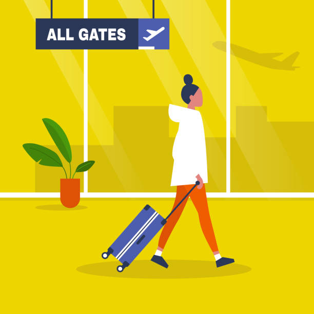 Airport terminal. Young female character walking with a suitcase. Waiting area. All gates. Boarding. Flat editable vector illustration, clip art Airport terminal. Young female character walking with a suitcase. Waiting area. All gates. Boarding. Flat editable vector illustration, clip art suitcase illustrations stock illustrations