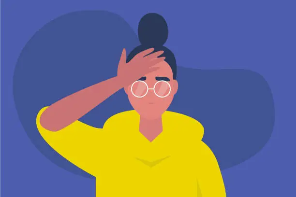 Vector illustration of Facepalm gesture. Problem. Trouble. Young female character with a hand palm on a forehead. Conceptual flat editable vector illustration, clip art