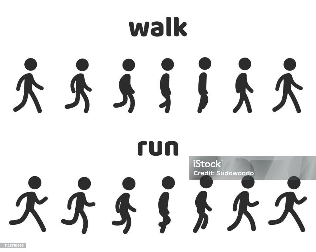 Character animation walk and run cycle Simple stick figure walk and run cycle animation, 6 frame loop. Character sprite sheet vector illustration set. Walking stock vector