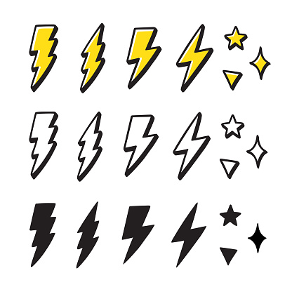 Set of cartoon style lightning bolts and stars. Hand drawn doodles, black and white and color. Vector design elements illustration.