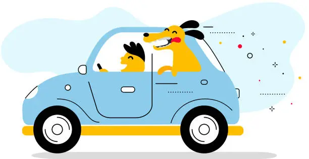 Vector illustration of Vector creative illustration of blue color retro car with man driver and smile dog on white background.