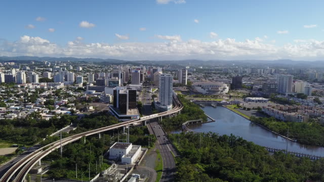 Aerial Of Train Moving Along Rail In Financial District Of San Juan Puerto Rico